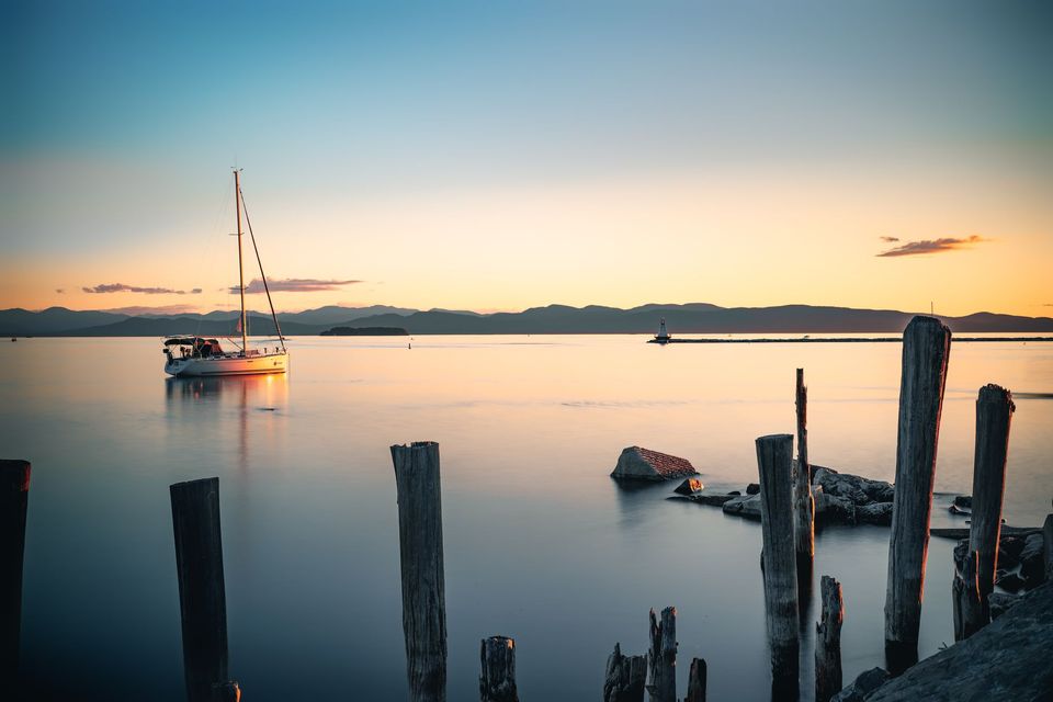 Lake Champlain glimmers with color at sunset.